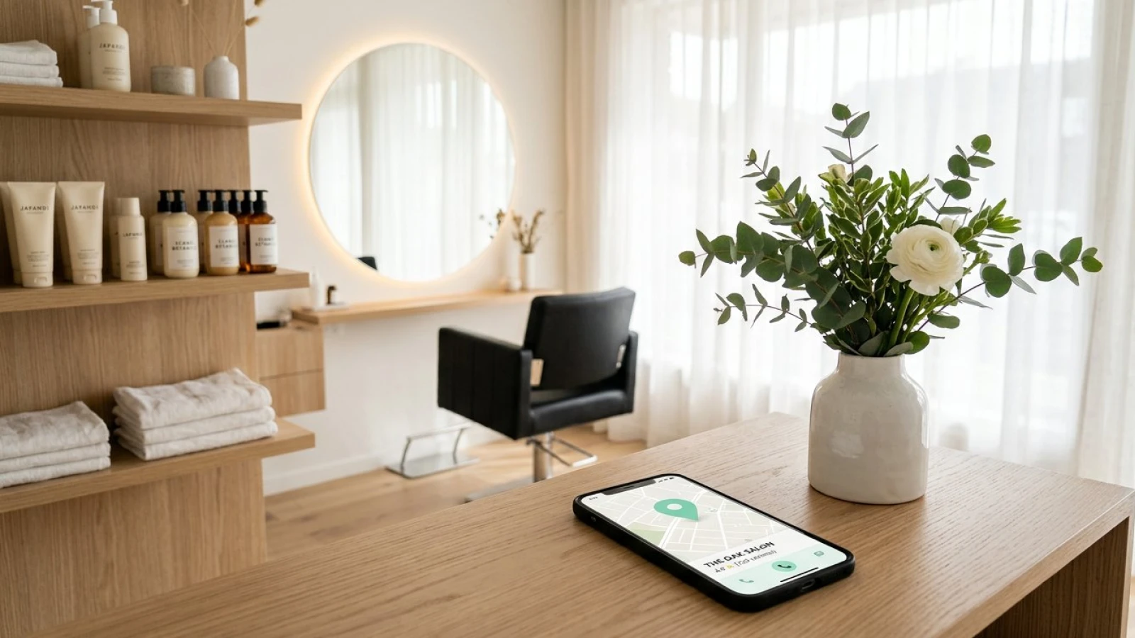 Smartphone showing a local map listing with a location pin, on a bright salon front desk with a styling chair and round mirror behind